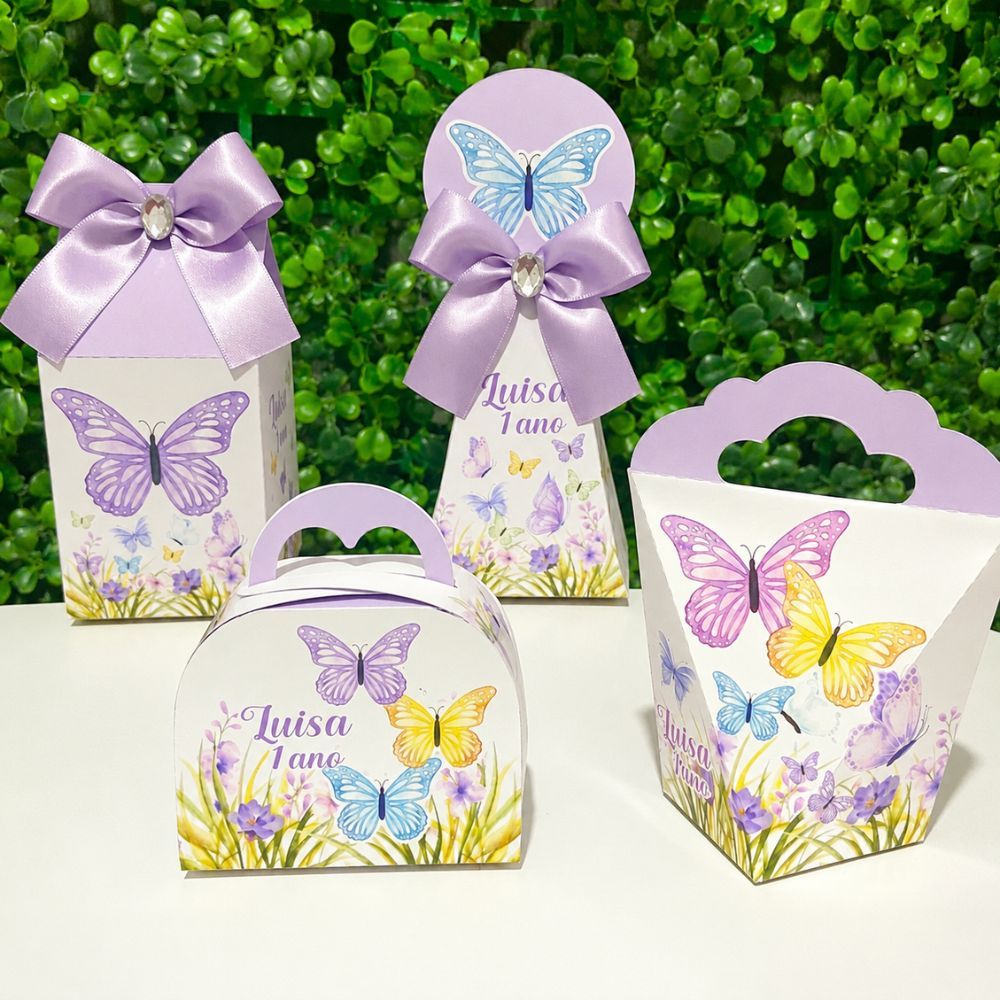 Kit Caixas Personalizadas JARDIM DAS BORBOLETAS lilás Lembrancinhas Festa Infantil Aniversário Desmontadas