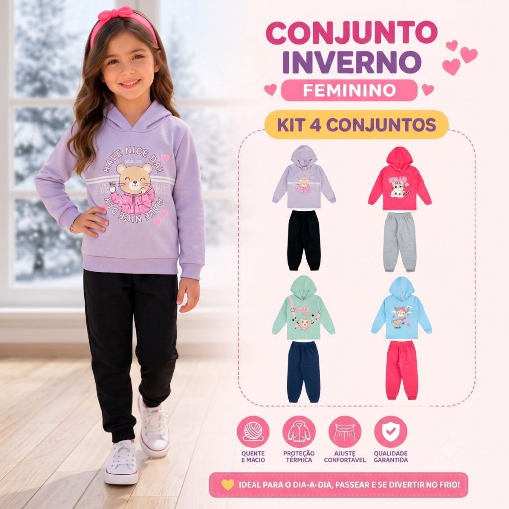 Kit 4 Conjunto Feminino Moletom Menina Roupa Infantil Flanelado Quentinho Inverno 8 peça Capuz