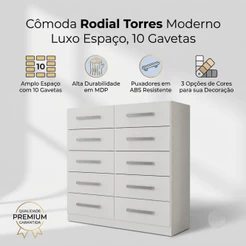 Cômoda Gaveteiro Rodial Torres 10 Gavetas Branca Em Mdp Quarto Moderno Branco