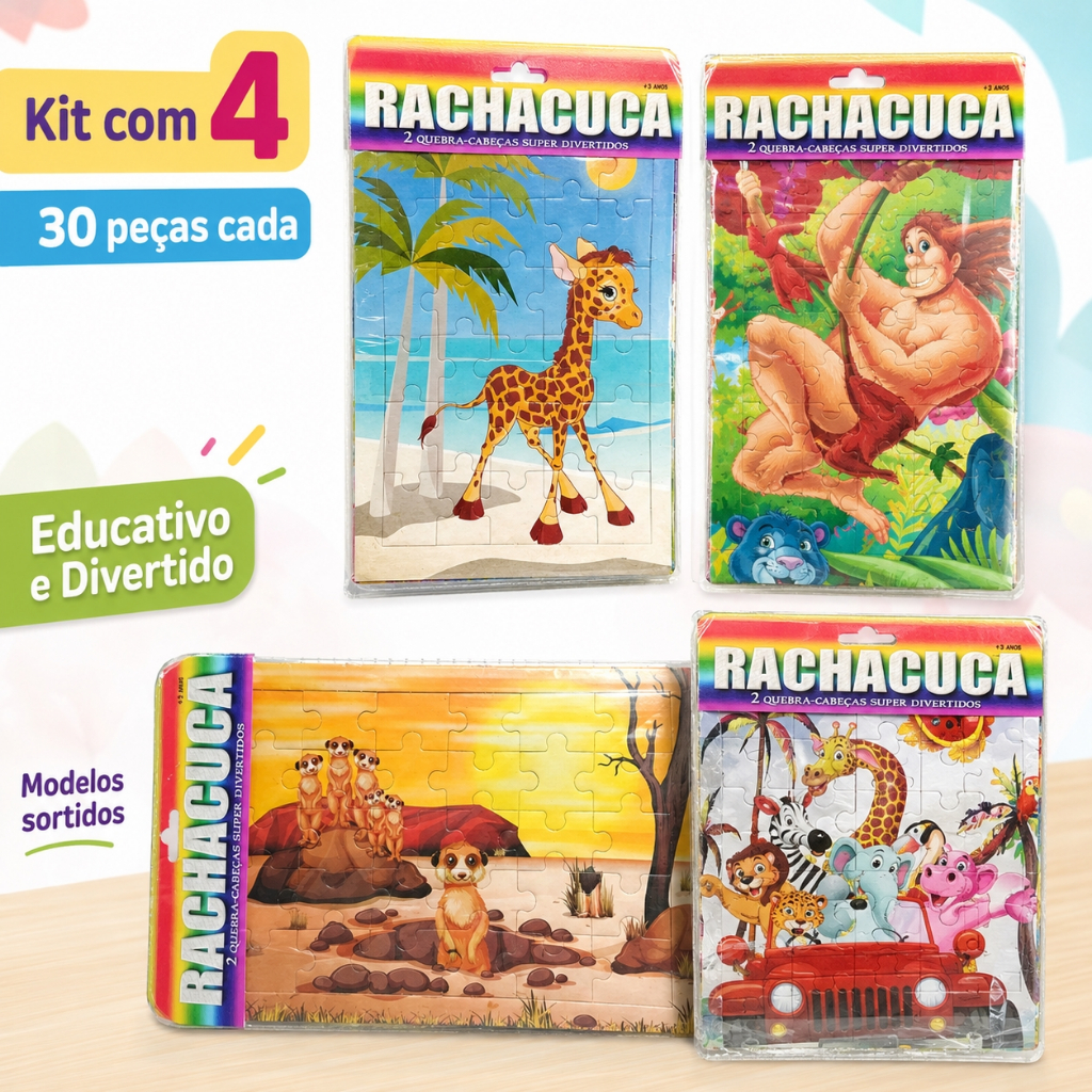 Kit 4 Quebra-Cabeças Infantil 30 Peças Rachacuca Educativo Divertido