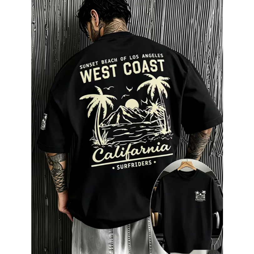 Camiseta Masculina Oversized Streetwear Estampa Costas California West Coast Surfwear Y2K