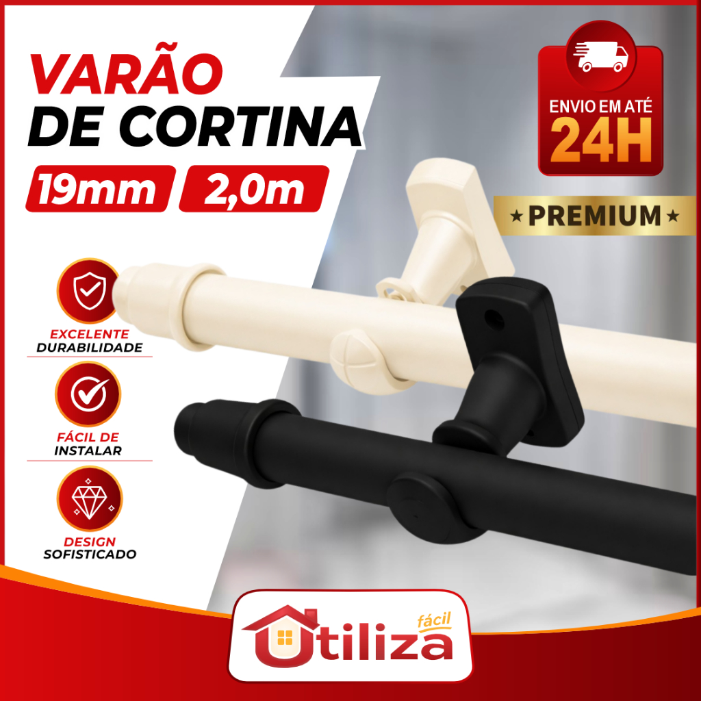 Kit Varão de Cortina 19mm 2,00m em AÇO para Sala, Quarto, Cozinha, Escritório Resistente e moderno