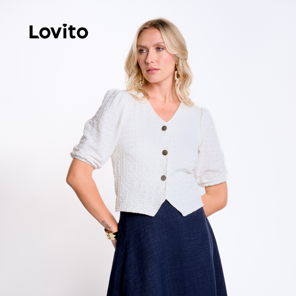 Lovito Blusa Elegante Feminina Manga Bufante com Botoes Moda Feminina BLB19341964