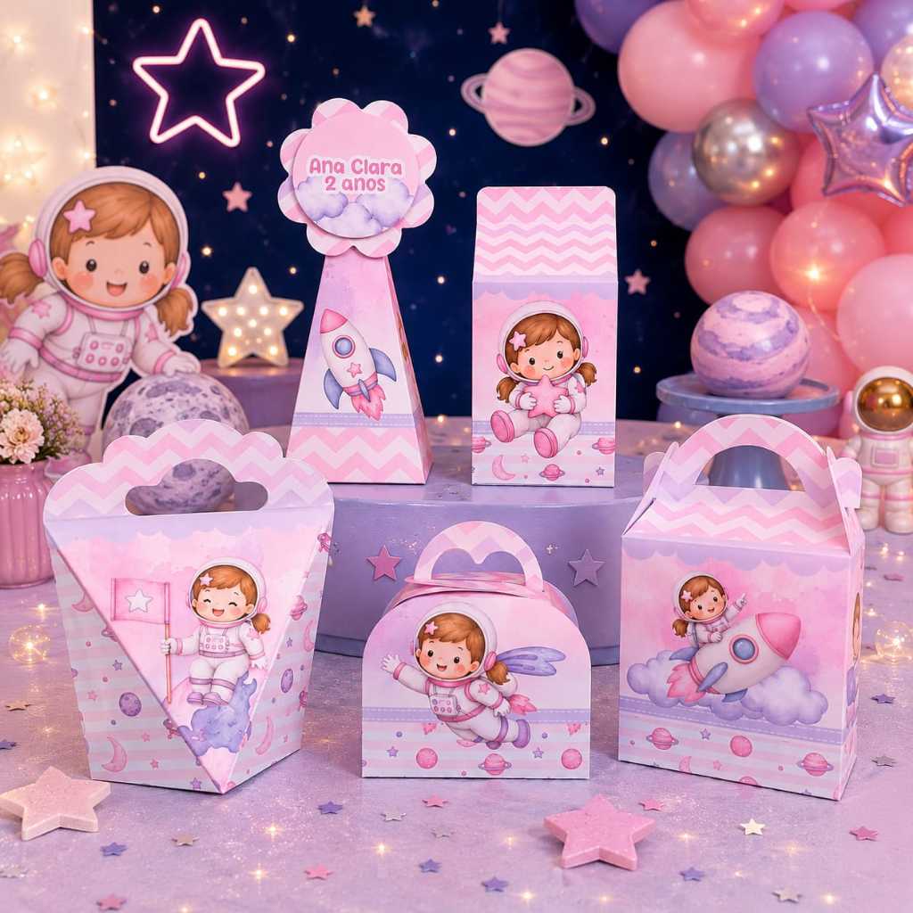 Kit Festa Astronauta Menina -  Caixinhas Personalizadas Lembrancinhas Pegue e Monte