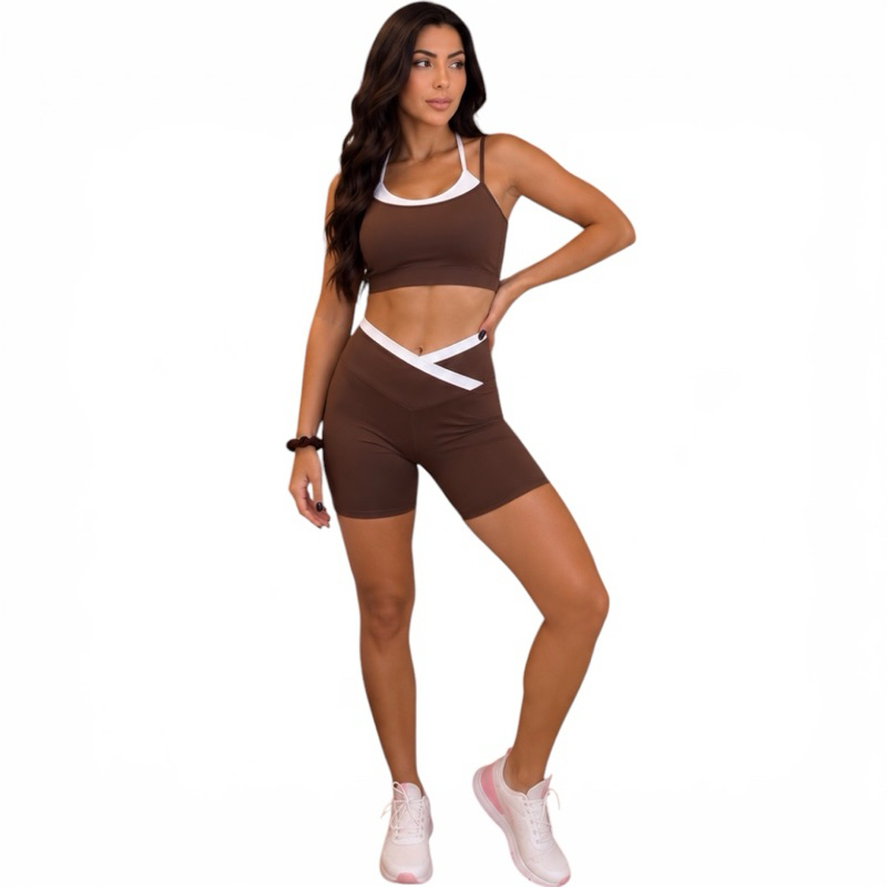 Conjunto Cropped Duas Cor SUPLEX Alca Decote Short Fitness Cos alto