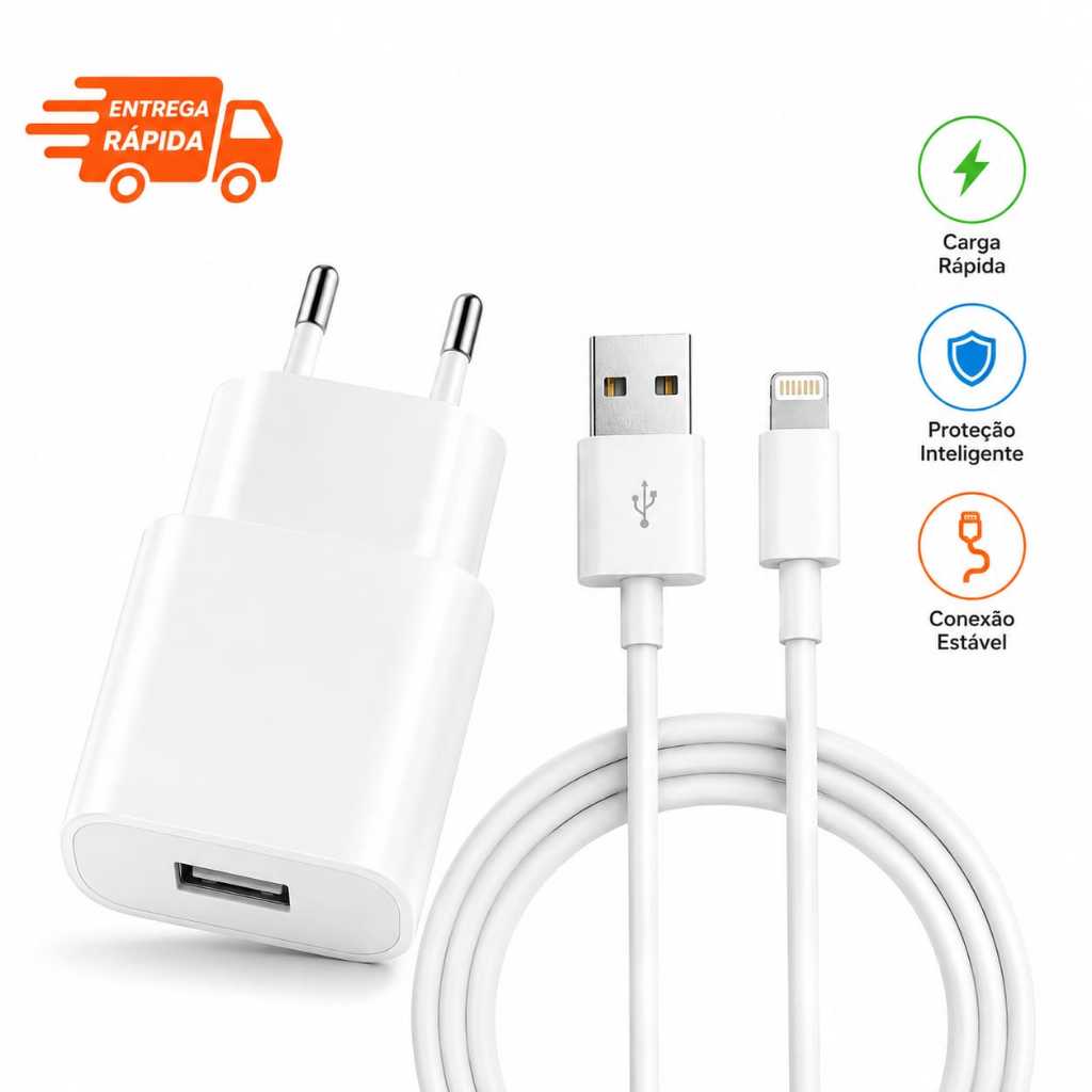 Carregador IPhone Lightning 7, 8, 9, XR, 12, 13 e 14 Pro Max Completo Turbo Carregamento Rápido IOS