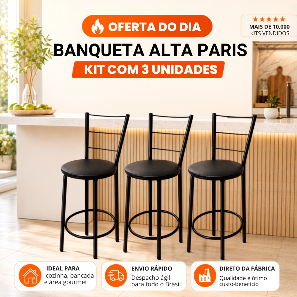 Banqueta Alta Desmontavel KIT com 3 Banquinho Banco Cozinha Bar Balcao