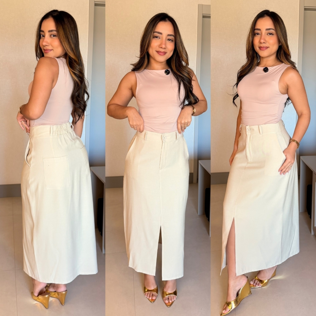 Saia Alfaiataria Mídi Feminina Evangélica Fenda Frontal Botão Zíper Moda Casual Moda Elegante