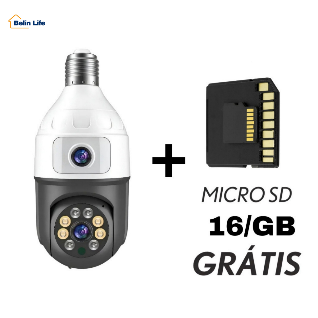 Kit Câmera Segurança Wifi Dupla Lentes Lâmpada Noturna 360 + Cartão MicroSD 16GB