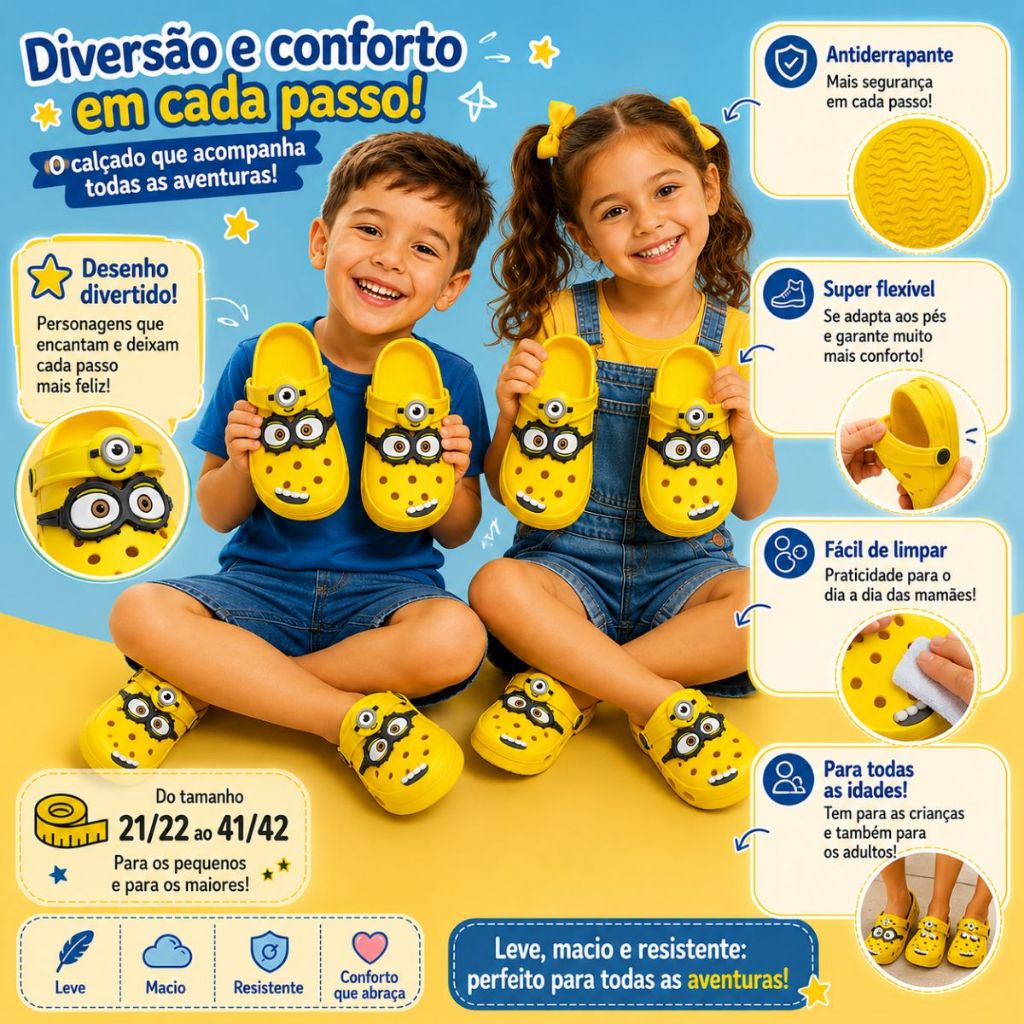 Sandália Babuche Papete Infantil Adulta Amarela Divertida Menino Menina Confortável Antiderrapante Macio Leve