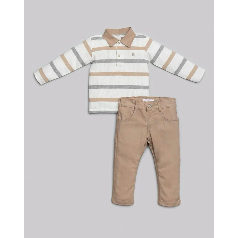 Conjunto Camiseta Polo Manga Longa Listrado + Calça Sarja Menino - Anjos Baby Ref: 261526
