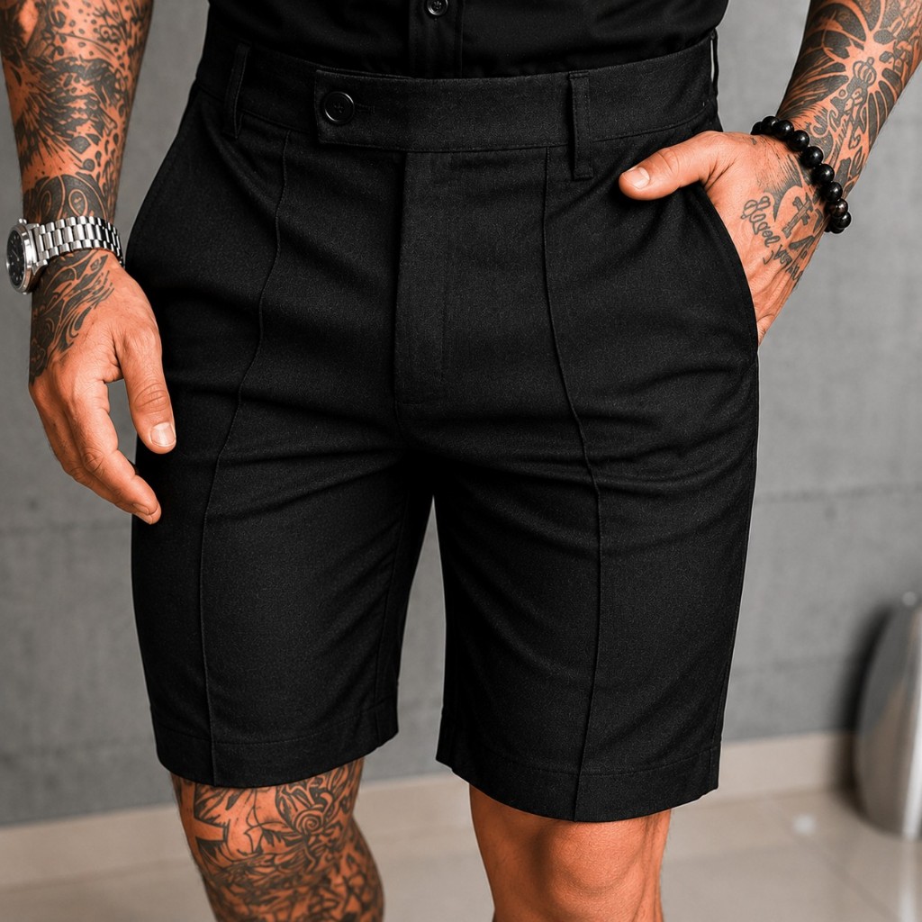 Shorts Bermuda Sport Fino Masculino Elastano Nervura Risco na Frente Preto Premium Alfaiataria Elegante Social