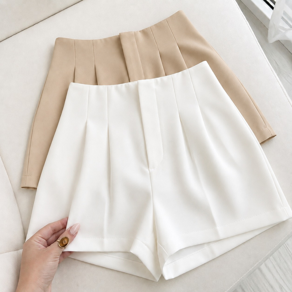 Kit 2 Shorts Alfaiataria Feminino Cintura Alta Social Com Pregas Elegantes