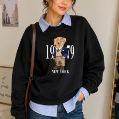 Moletom Feminino Oversized Algodão Flanelado Sem Capuz Urso Bear Blusa Frio Gola Punho Barra em Ribana Casual