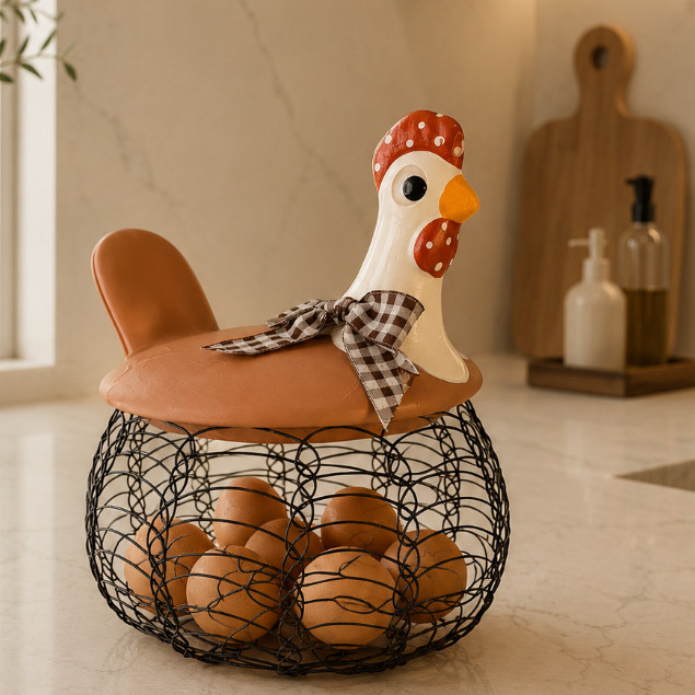 Galinha Porta-Ovos Tampa de Cerâmica e Cesto Aramado Ideal Para Decoração e Enfeite de Cozinha
