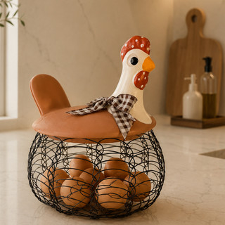 Galinha Porta-Ovos Tampa de Cerâmica e Cesto Aramado Ideal Para Decoração e Enfeite de Cozinha