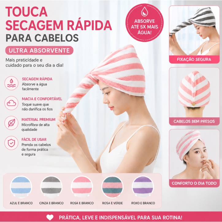 Touca Toalha Turbante para Cabelo Secagem Rápida Macia Reutilizável