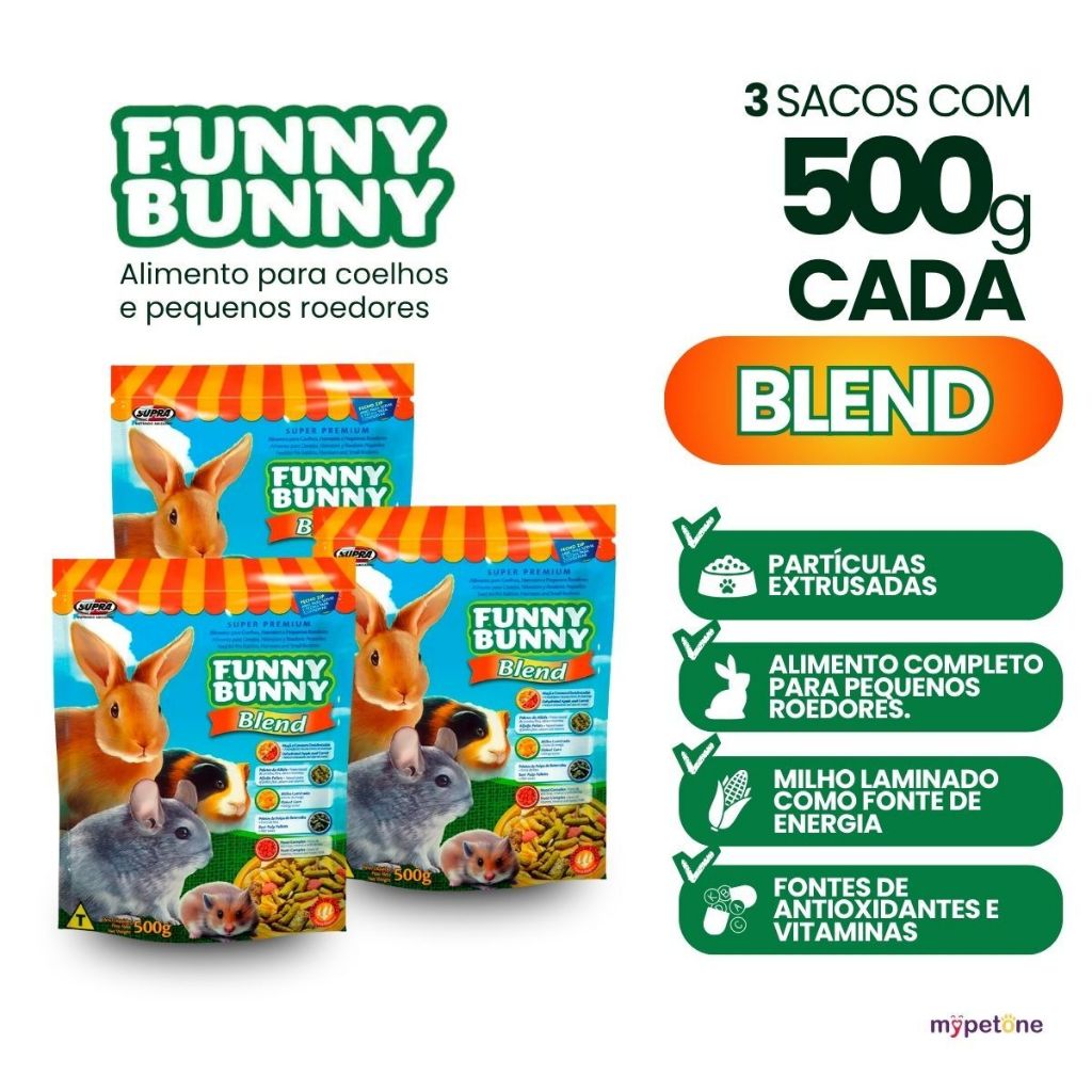 3 Ração Funny Bunny 500g Blend Coelhos e Pequenos Roedores