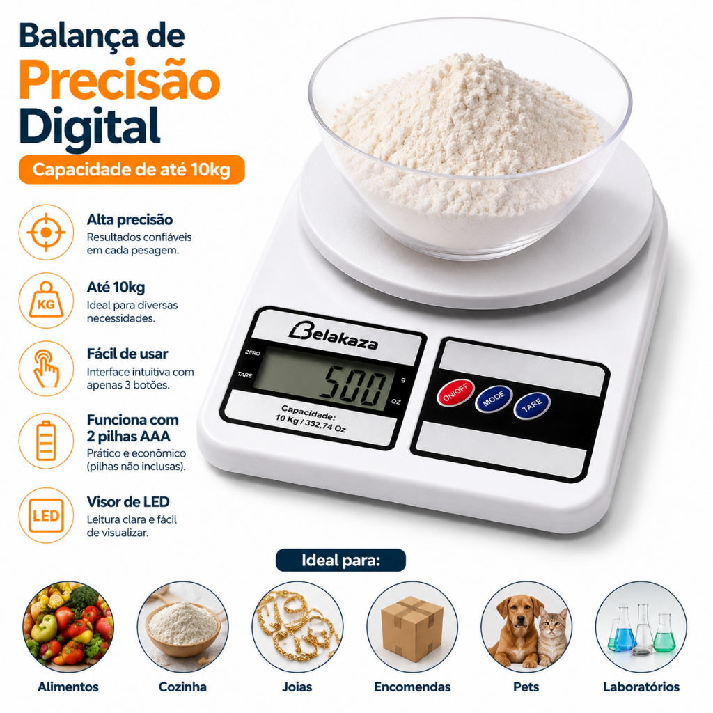 Balança Digital Cozinha 10Kg Precisão Balança de Alimentos Belakaza Utilidades