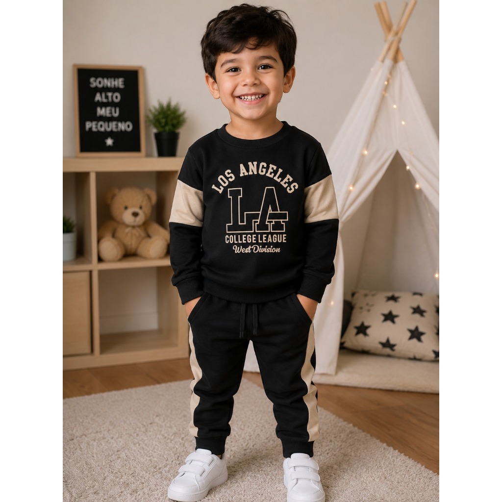 Conjunto de Inverno Infantil Menino LA Moletom Quentinho Casaco e Calça Roupa Infantil Masculina