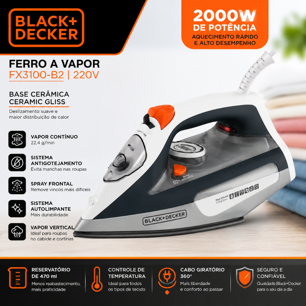 Ferro de passar a vapor Black+Decker Com base antiaderente FX3100