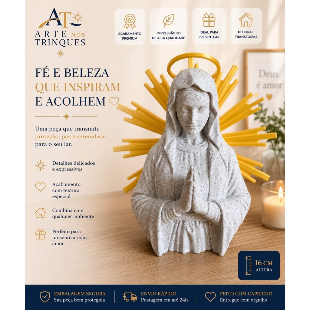 Imagem de Nossa Senhora Decorativa | Kit com Bandeja e Vela LED | Decoração Religiosa | Presente Católico