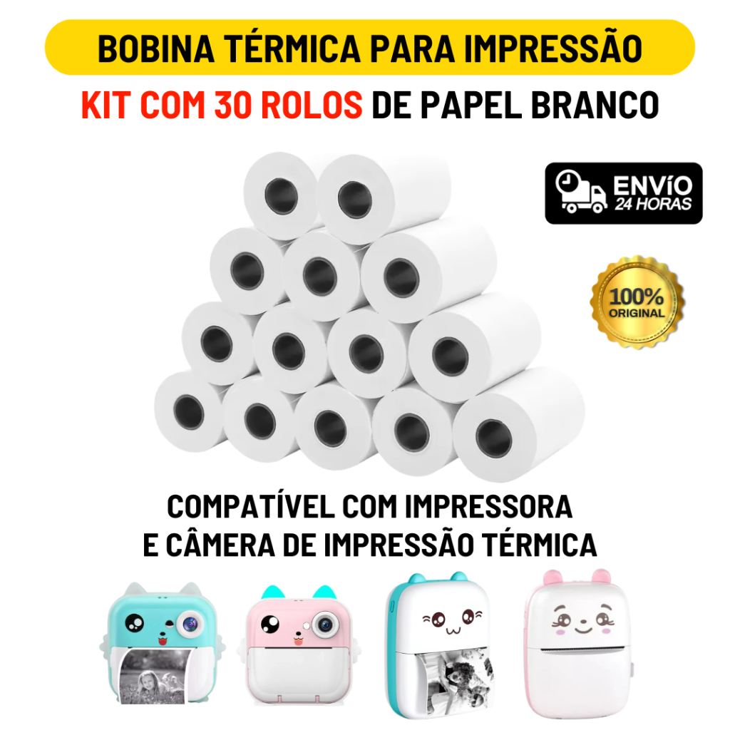 Kit 30 Rolos Refil Papel Câmera Instantânea Mini Impressora Portátil Térmica Etiqueta Maquina Fotográfica Que Imprime