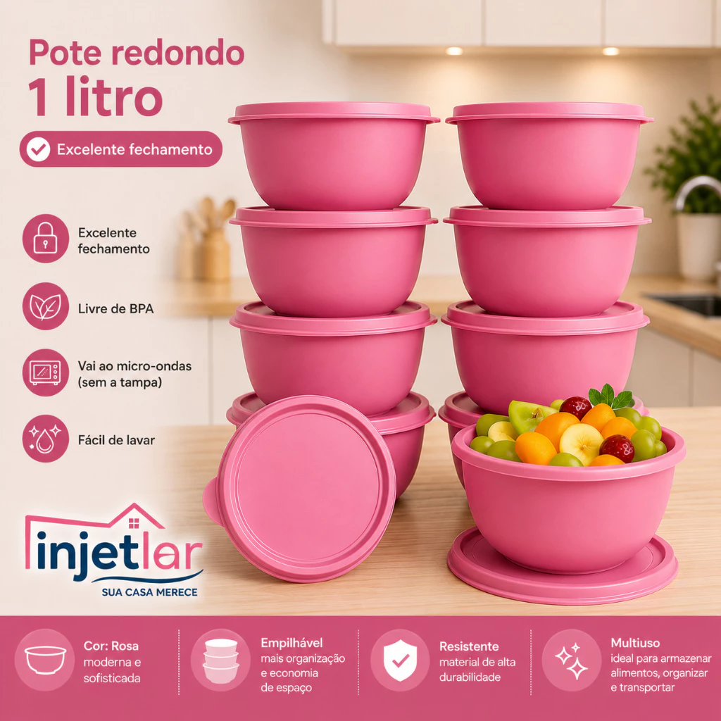 Jogo com 10 potes boll de plástico para marmita 1 litro — imagem 1