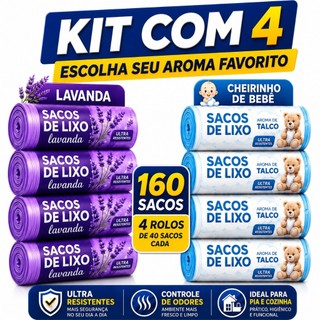 Kit 4 Rolos de Sacos de Lixo 10L 160 Unidades Perfumado Lavanda Talco Cheirinho Bebê Pia Banheiro