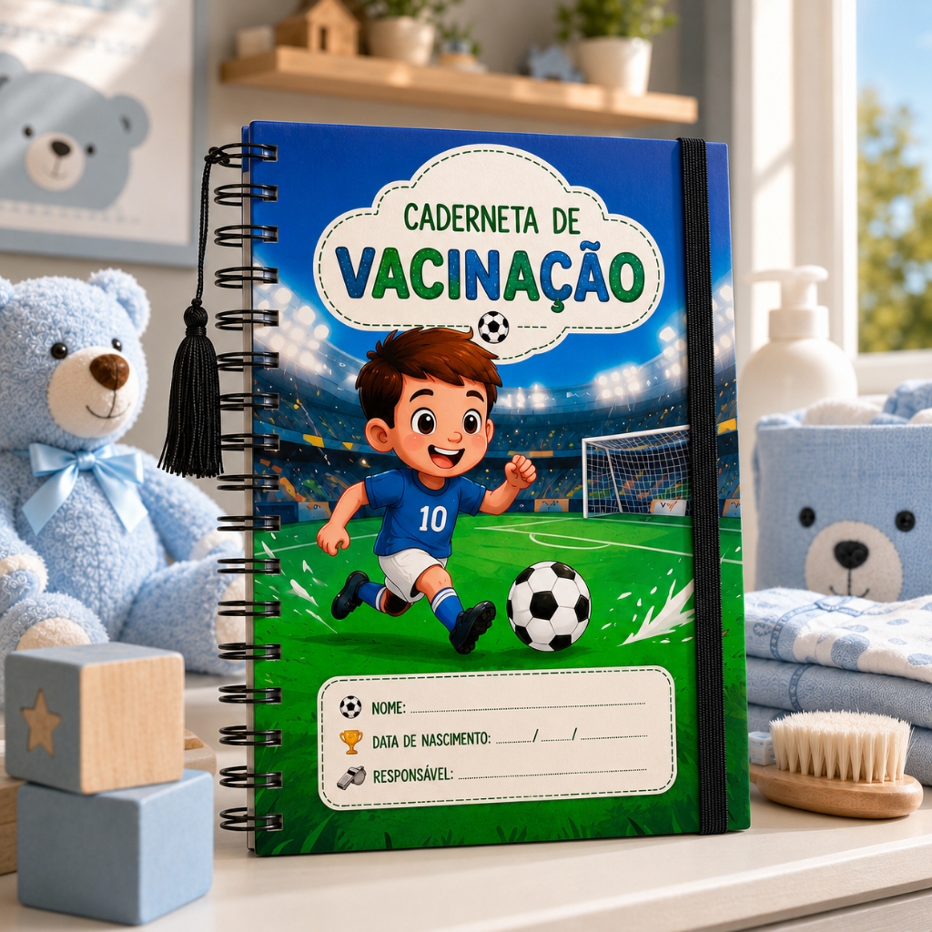 Caderneta Caderno Vacinação Futebol Jogador Bola Gol Criança Menino Menina Saúde Cuidado Wire-o