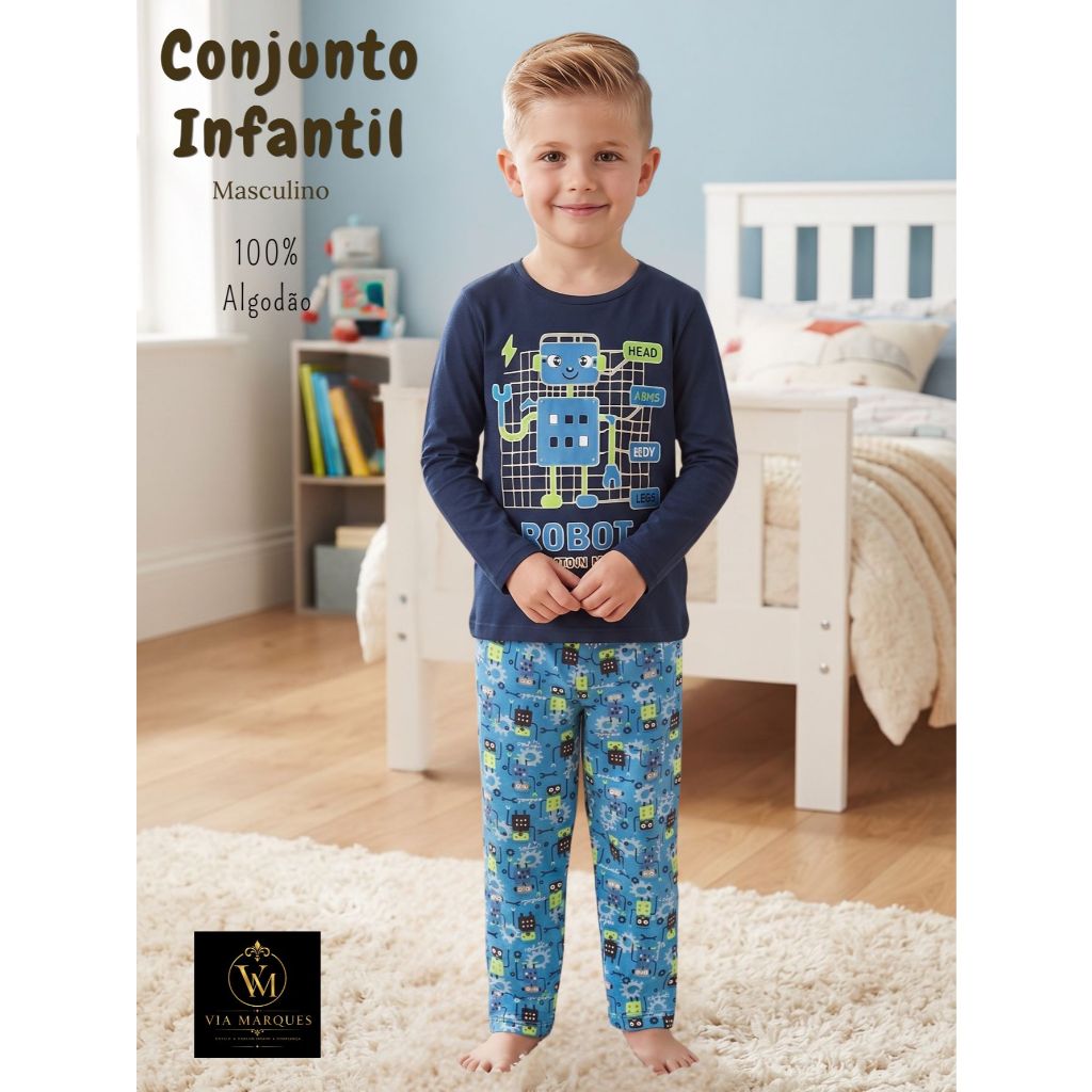 Conjunto Pijama Infantil Masculino 4 a 8 Anos Algodão Manga Longa Estampado 2 Peças Outono Inverno