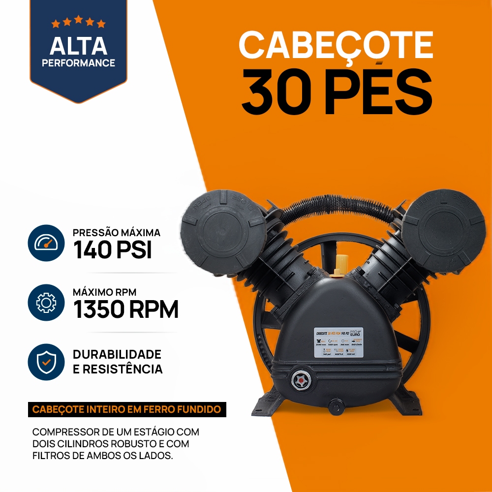 Cabeçote Compressor 30 Pés 140PSI 2 Pistões Motor 5CV 30PCM 1350RPM Pró Euro