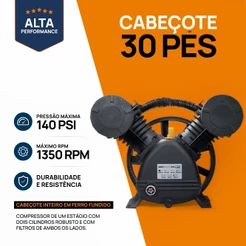 Cabeçote Compressor 30 Pés 140PSI 2 Pistões Motor 5CV 30PCM 1350RPM Pró Euro