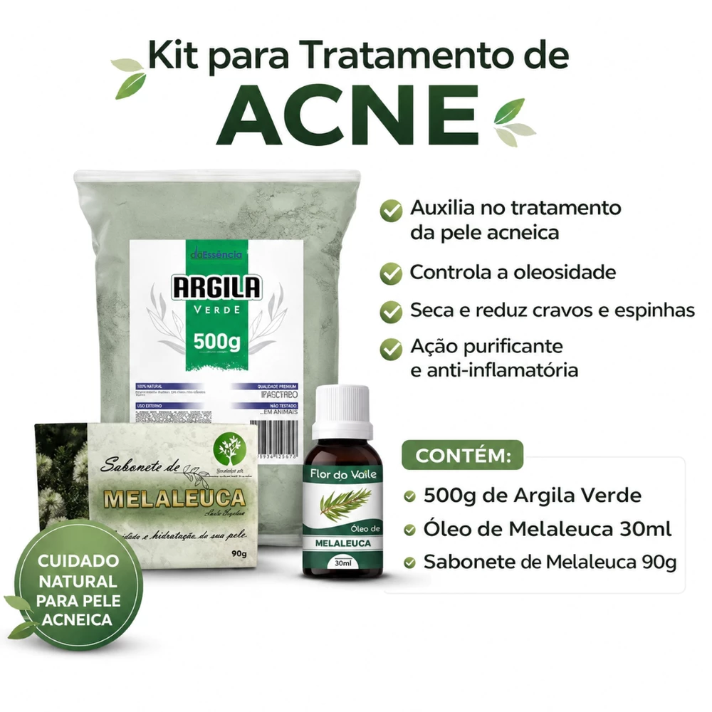 Kit Anti Acne Pele Oleosa Argila Verde 500g mais Oleo e Sabonete de Melaleuca Limpeza Facial Natural