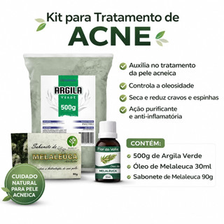 Kit Anti Acne Pele Oleosa Argila Verde 500g mais Oleo e Sabonete de Melaleuca Limpeza Facial Natural