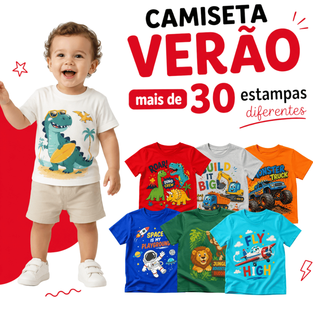 Kit 5 Camisetas Infantil Menino 100% Algodão Estampadas Sortidas Verão Dia a Dia Tamanhos 1 ao 8