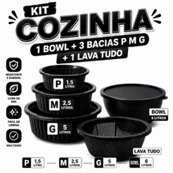 Kit 5 Peças Cozinha Bowl 6 Litros + 3 Bacias Plásticas P M G + Lava Tudo Escorredor Multiuso Resistente cozinha