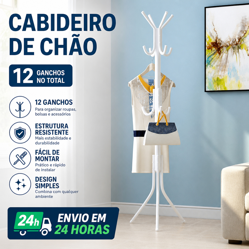 Cabideiro Chão 12 Ganchos Arara Organizador Para Roupas Casaco Chapéu