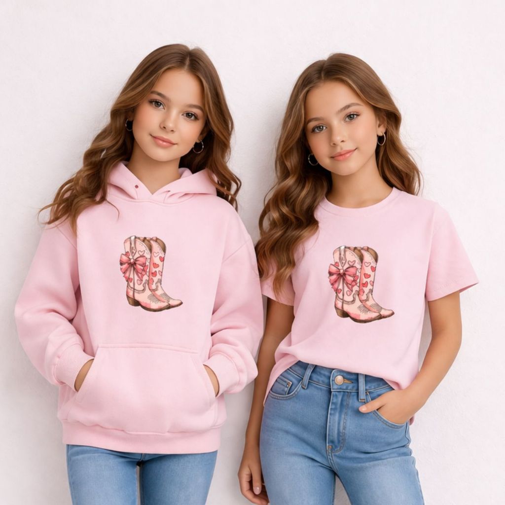 Conjunto Country Moletom Canguru Infantil Estampado E T-Shirt Em Algodão Cowgirl Boiadeira Kit frio