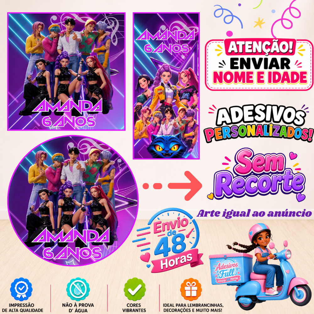 Guerreiras do K-Pop e Saja Boys - 100/60/40 Adesivos Personalizados Lembrancinhas Festa Aniversário