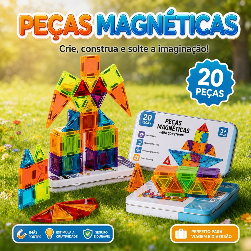 Blocos Magnéticos 20 Peças Infantil com Estojo Portátil | Brinquedo Educativo de Montar Montessori 3+ Anos