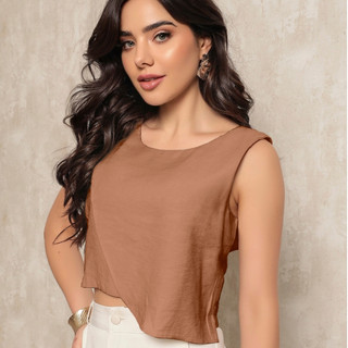 ONLYONE- BLUSA FEMENINO ELEGANTE CROPPED REGATA CONFECCIONADA EM MARANTE RECORTE FRONTAL- BLUSAS FEMININAS