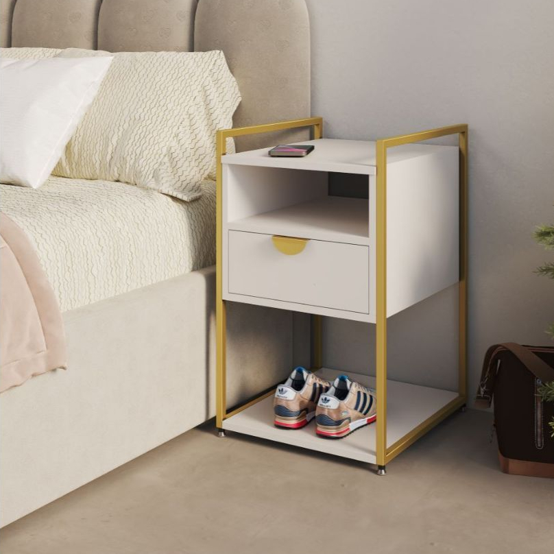 Mesa de Cabeceira com Gaveta Industrial Para Quarto Organizador Cama Tampo Madeira Decoração
