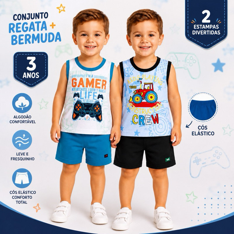 Kit 2 e 3 Conjuntos Infantil Menino Regata Algodão + Bermuda Moletinho Verão 2 e 3 Anos Estampas Sortidas