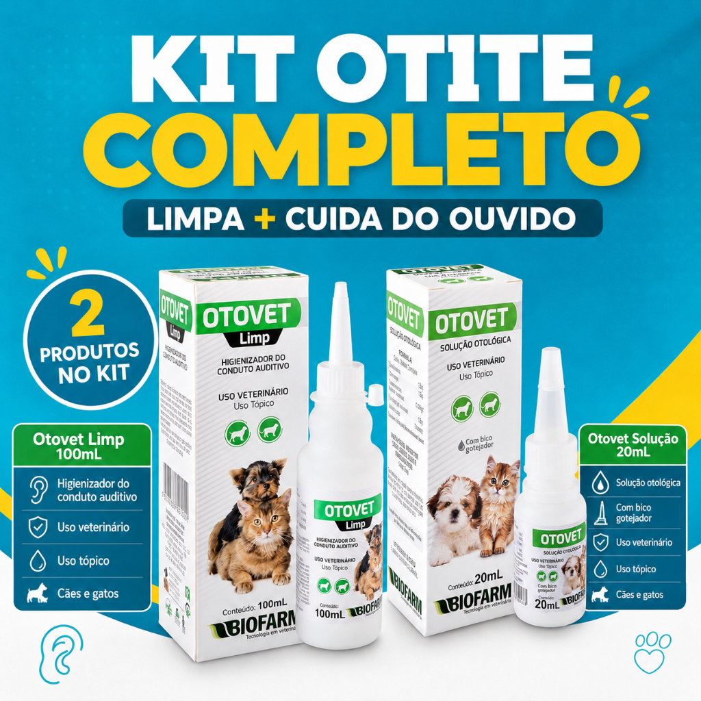 Kit Limpeza de Ouvido Cães e Gatos Otovet + Otovet Limp - Envio Imediato