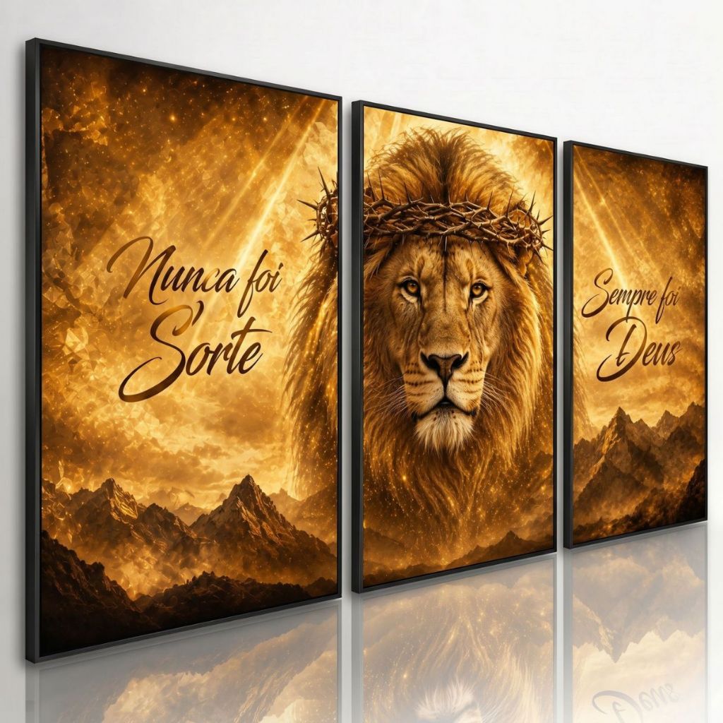 Kit Quadros Decorativos Leão Jesus Cristo Nunca Foi Sorte Sempre Foi Deus Religioso Sala Quarto