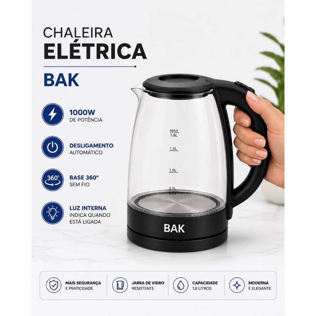 Chaleira Elétrica BAK1,8L Vidro Temperado E inox Aquecimento Rápido  Seguro Desligamento Automático