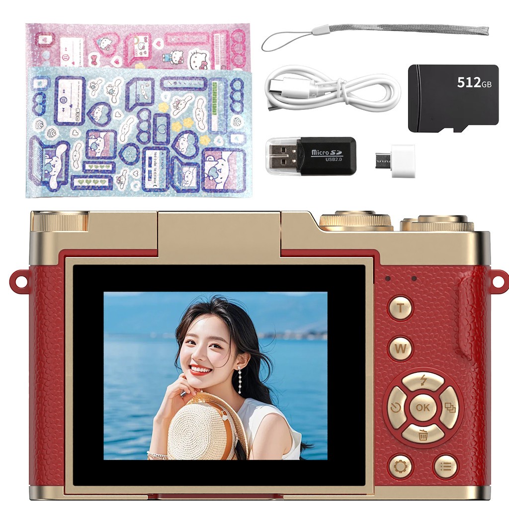 Câmera Digital Infantil 4K 48MP Retrô Vlog Selfie 180° Kit Completo com Cartão 512GB