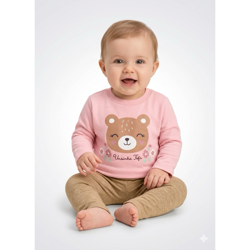 Conjunto Brandili Ursinha Fofa, Blusão Moletom e Legging Molecotton Infantil Menina