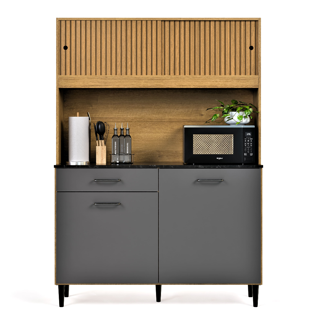 Armário de Cozinha Compacto Ripado 3D Com 4 Portas e Gaveta Kit De Parede Comple